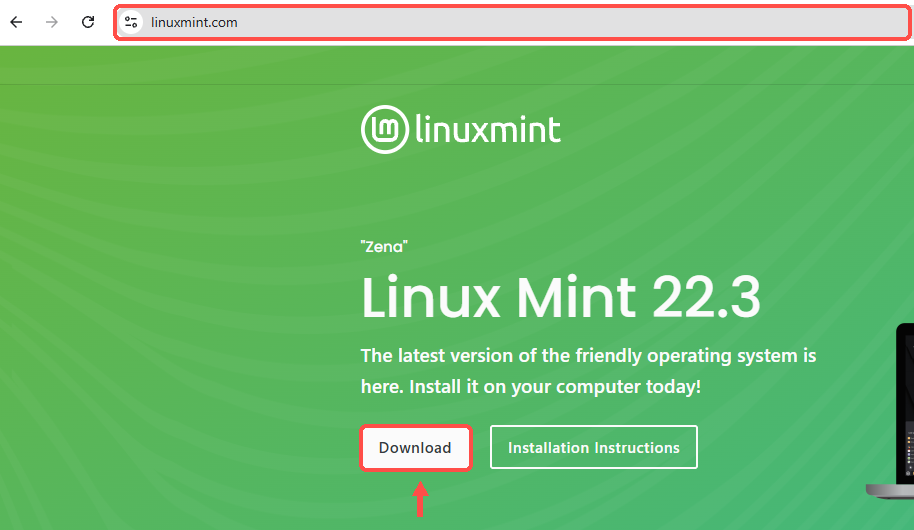 Página inicial do Linux Mint com o domínio linuxmint.com e o botão Download destacados em vermelho