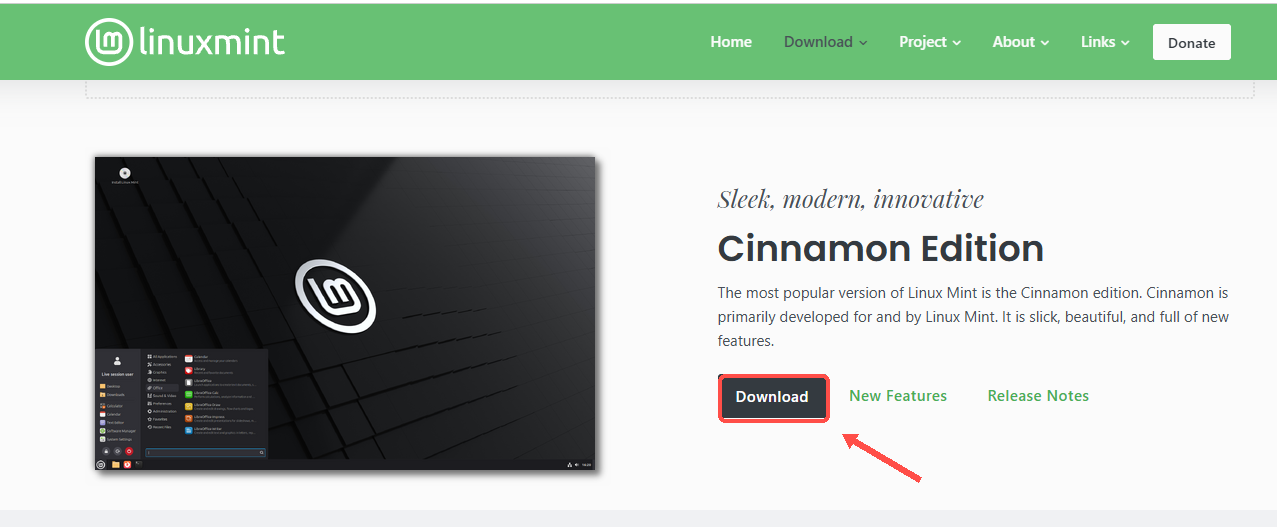 Página do Linux Mint com o botão Download da Cinnamon Edition destacado em vermelho