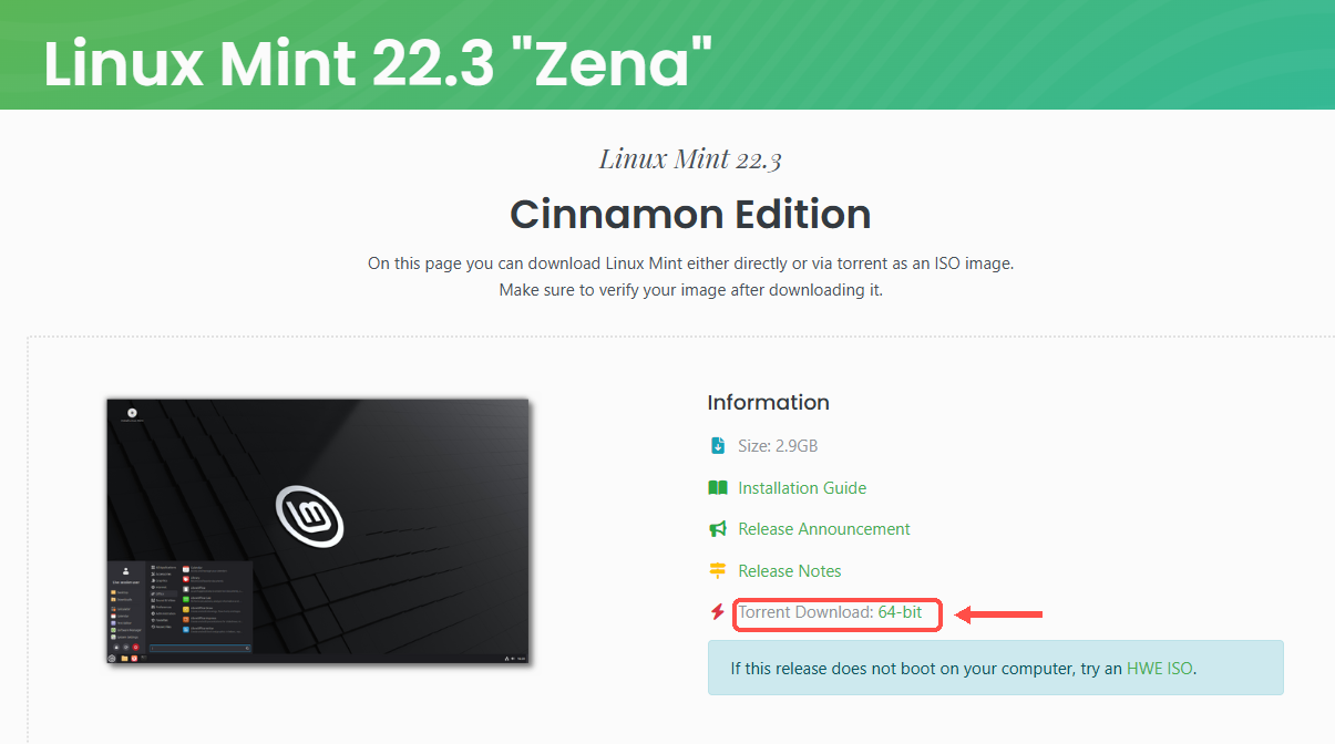 Página da Cinnamon Edition, com a opção Torrent Download destacada como método alternativo