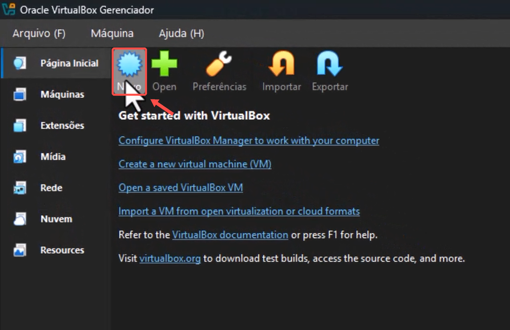 Tela inicial do Oracle VM VirtualBox; um retângulo e uma seta vermelhos indicam o botão Novo
