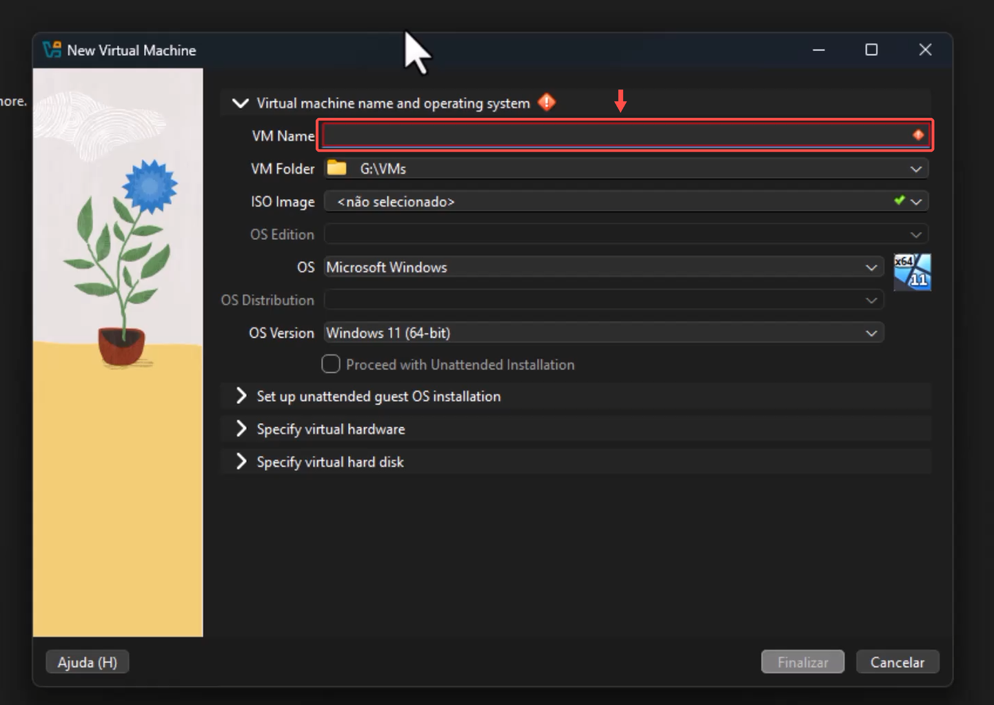 Assistente do VirtualBox; uma seta e um contorno vermelhos indicam o campo Nome da VM