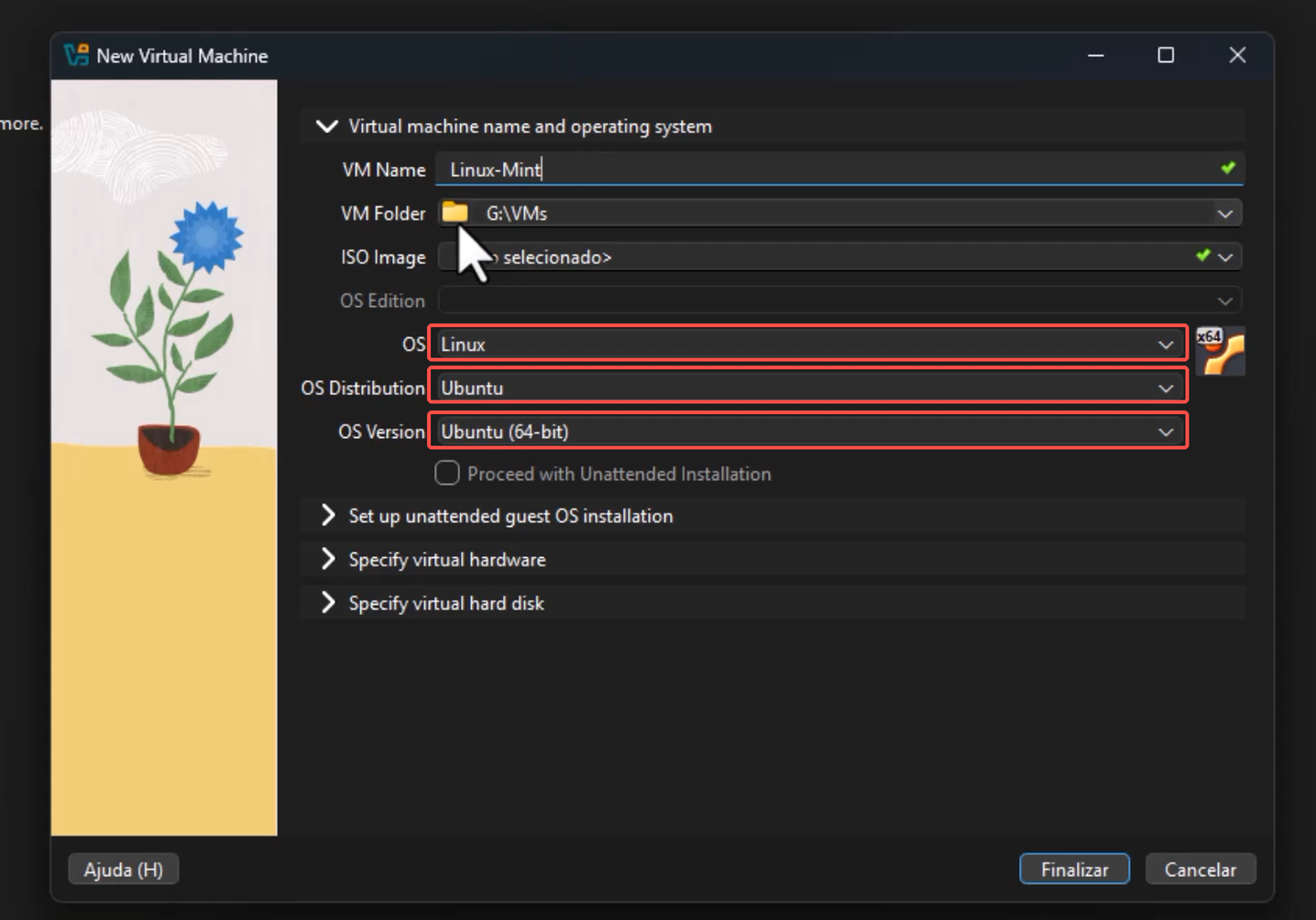 Nome Linux-Mint preenchido; contornos vermelhos destacam os campos de sistema operacional, distribuição e versão reconhecidos automaticamente