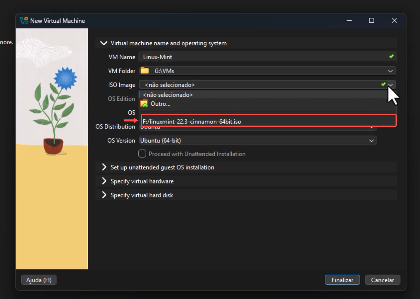 Menu de seleção de ISO; uma seta e um retângulo vermelhos destacam o arquivo do Linux Mint