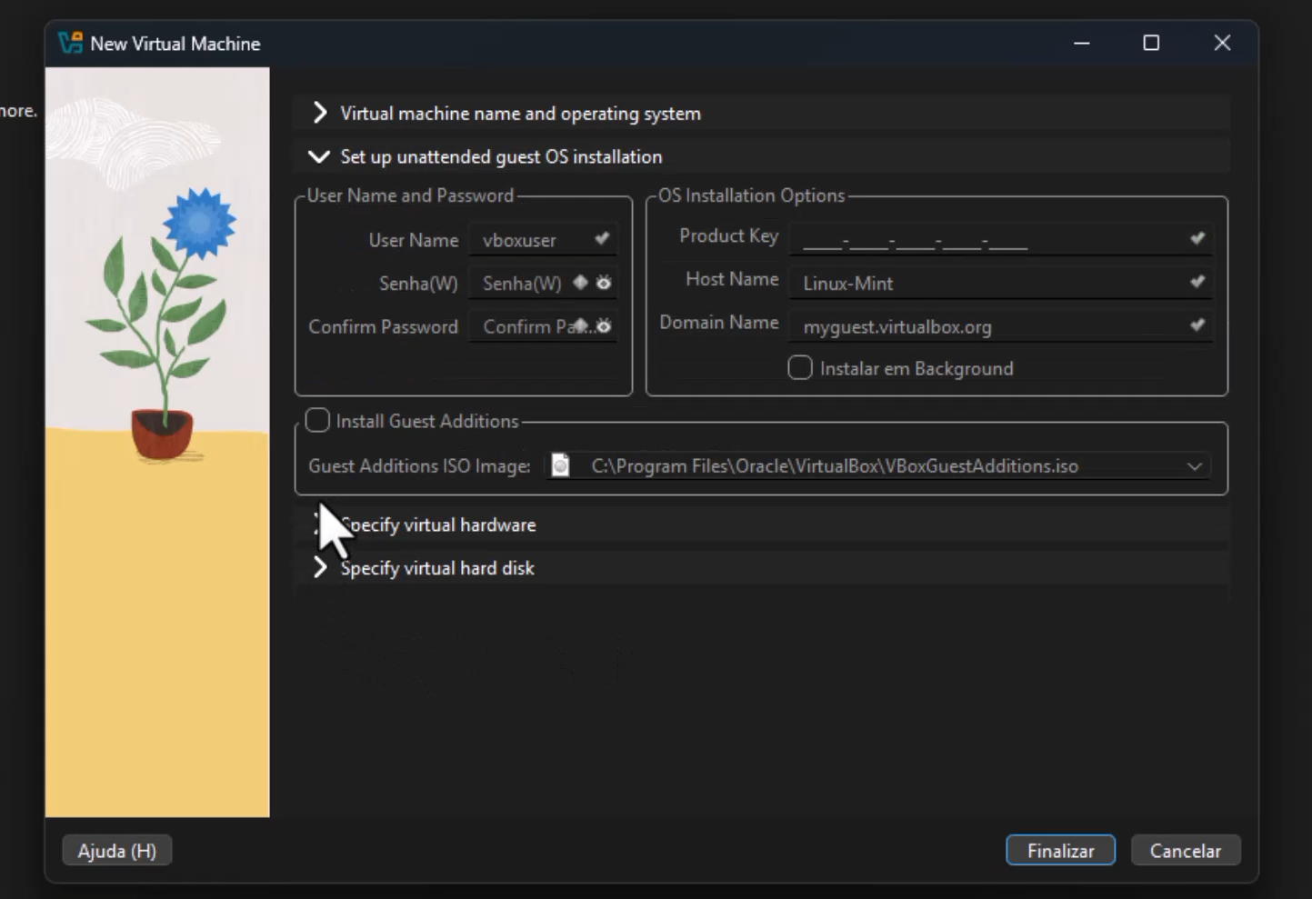 Painel de instalação não assistida do VirtualBox com campos de usuário e opções; imagem apenas ilustrativa