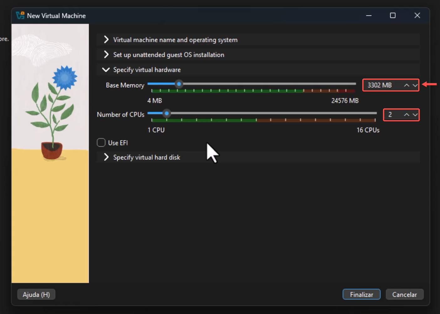 Configuração de hardware alterada para 3302 MB de memória e 2 processadores, destacada por contornos vermelhos