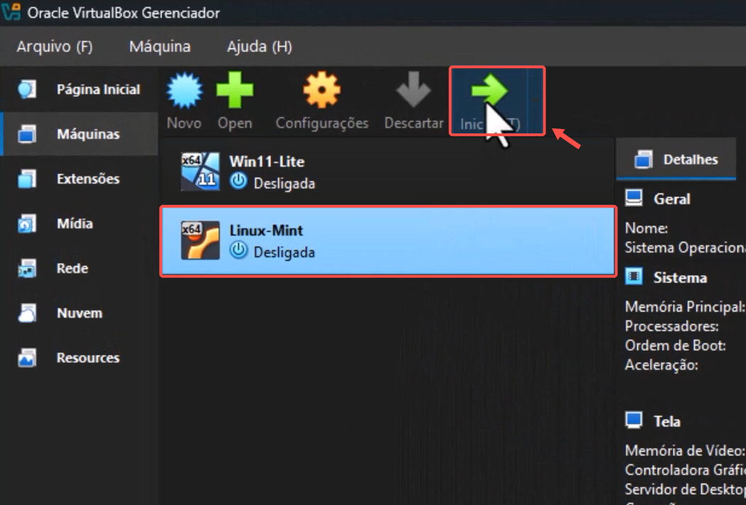 Máquina Linux-Mint selecionada e botão Iniciar indicados por contornos e seta vermelhos