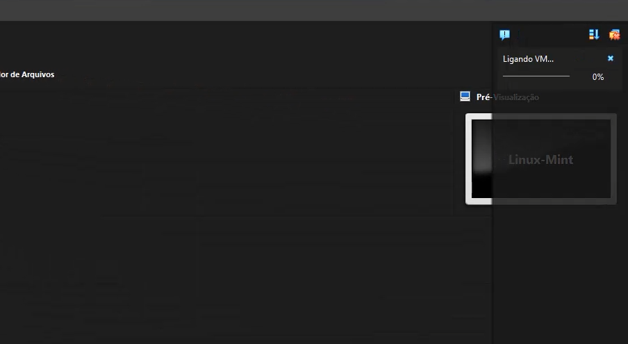 Gerenciador do VirtualBox mostra a máquina Linux-Mint ligando e uma barra de progresso