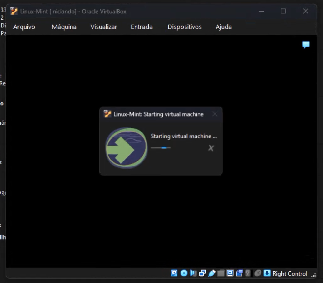 Janela da máquina virtual com a mensagem Starting virtual machine enquanto o VirtualBox inicia a VM