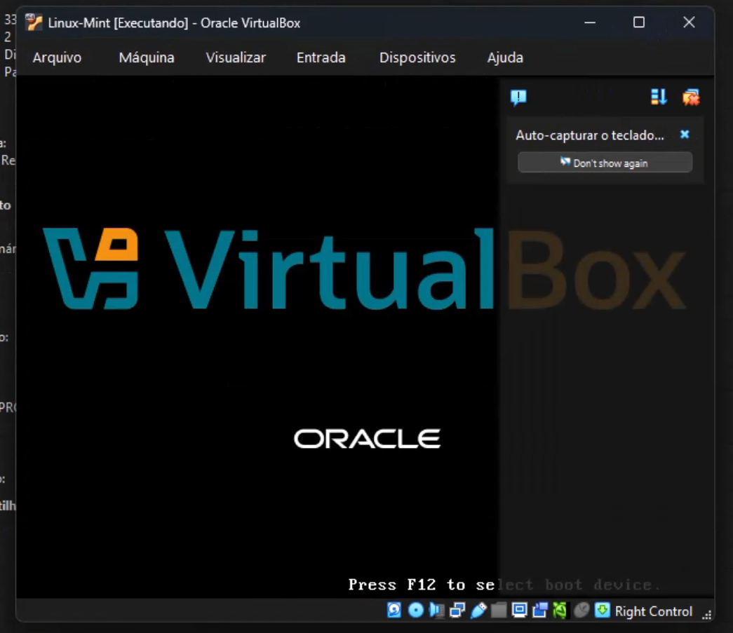 Tela inicial do Oracle VirtualBox durante a inicialização do sistema virtual
