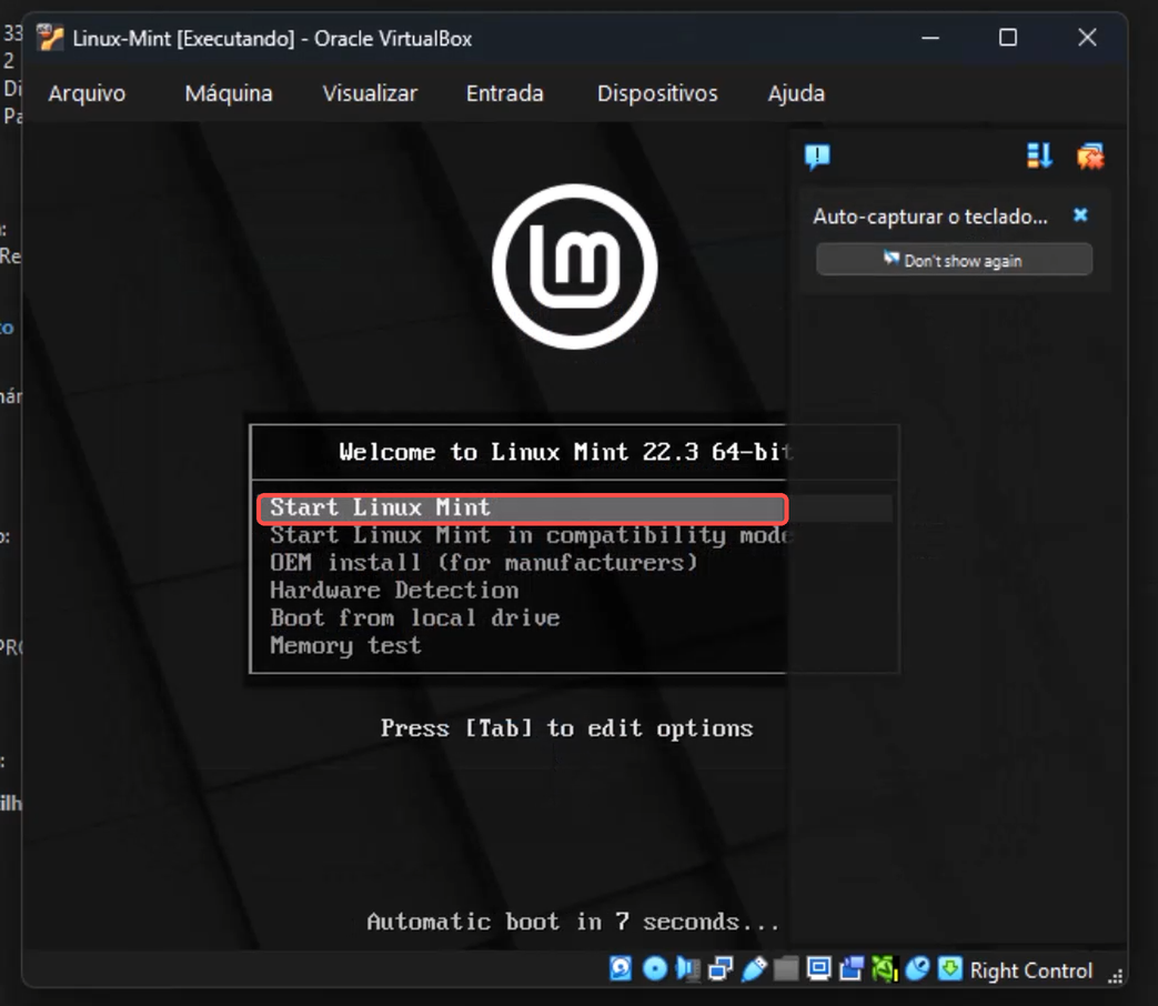 Menu de inicialização do Linux Mint 22.3 com Start Linux Mint selecionado