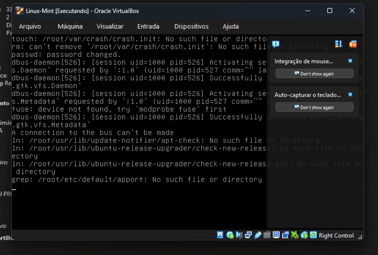 Linux Mint carregando com notificações do VirtualBox sobre integração do mouse e captura do teclado