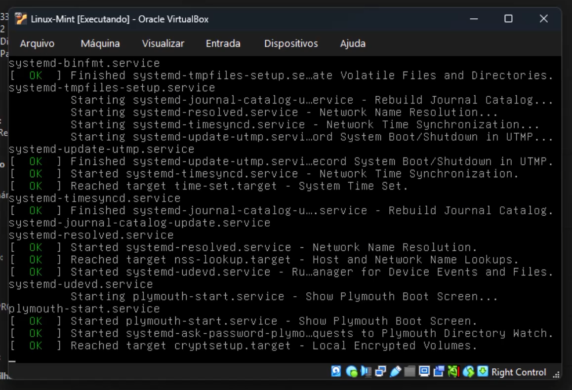 Mensagens de inicialização do Linux Mint enquanto serviços do sistema são preparados