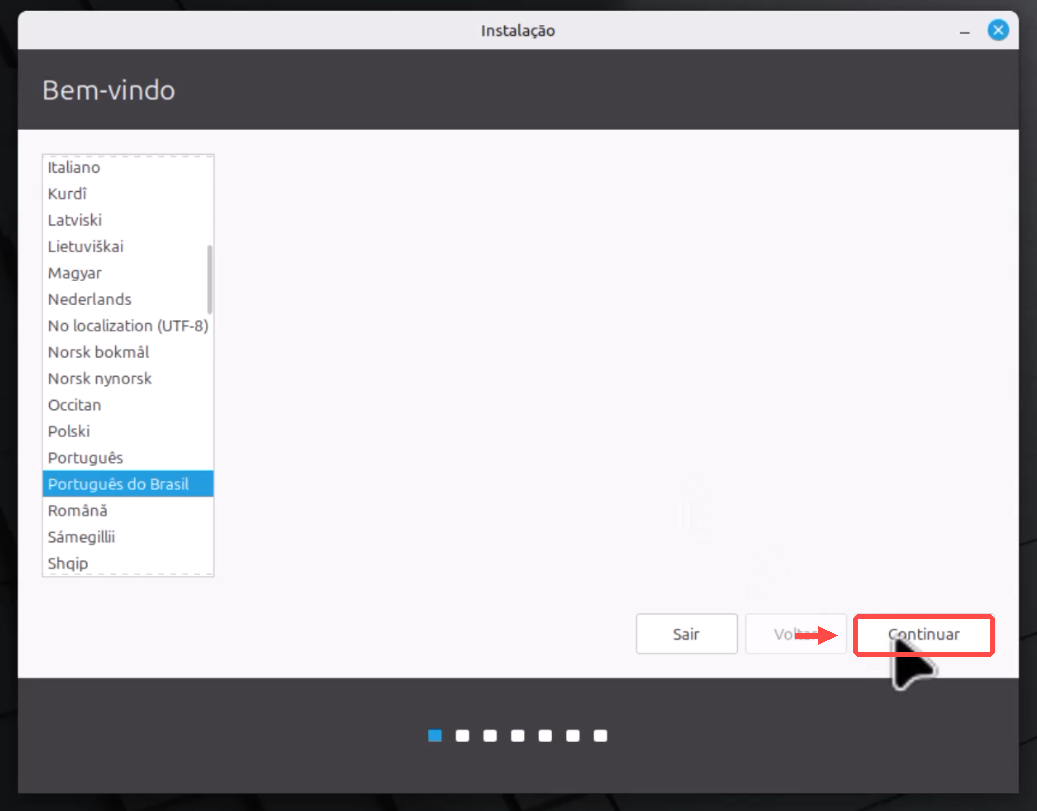 Tela de boas-vindas do instalador do Linux Mint com Português do Brasil selecionado e o botão Continuar destacado