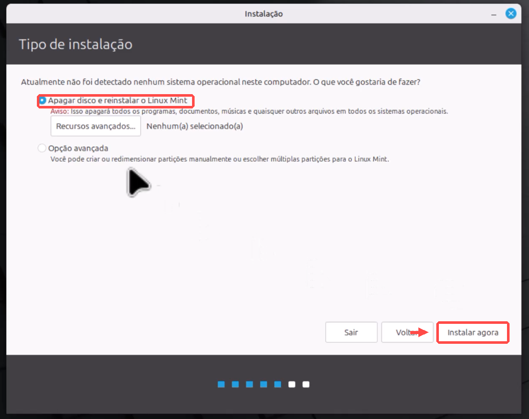 Tela Tipo de instalação, com Apagar disco e reinstalar o Linux Mint selecionado e o botão Instalar agora destacado