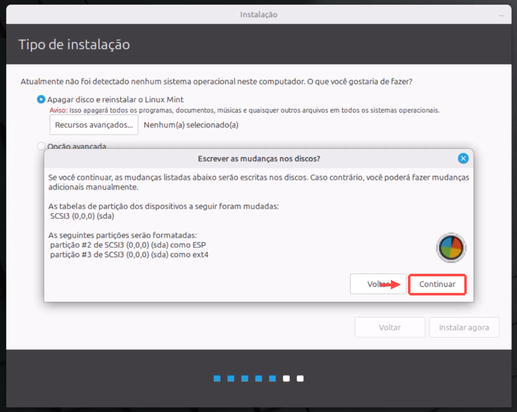 Confirmação das alterações e formatação de partições no disco SCSI virtual, com Continuar destacado