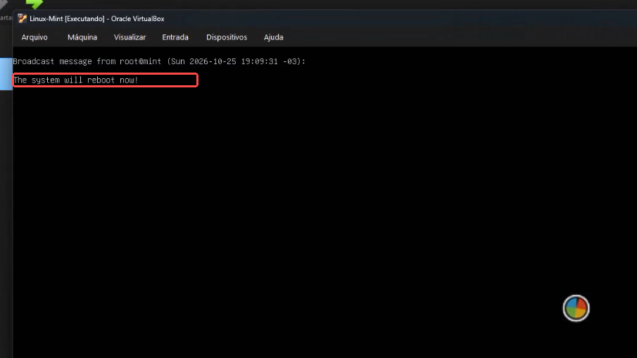 Tela de terminal informando que o sistema Linux Mint será reiniciado