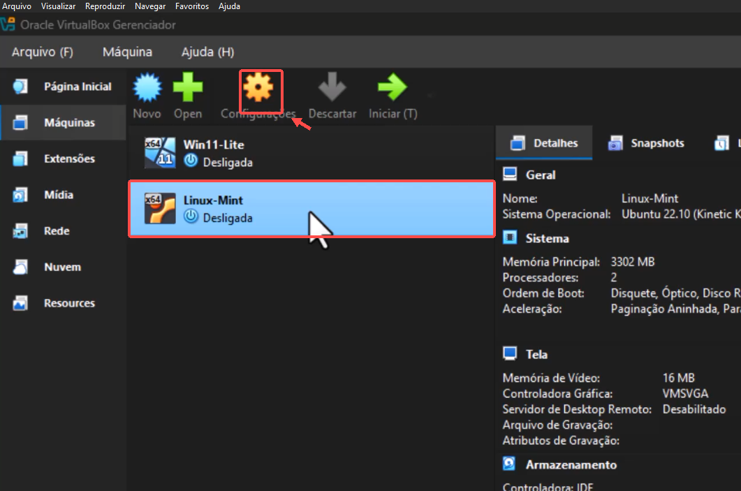 Gerenciador do VirtualBox com Linux-Mint selecionada e o botão Configurações destacado