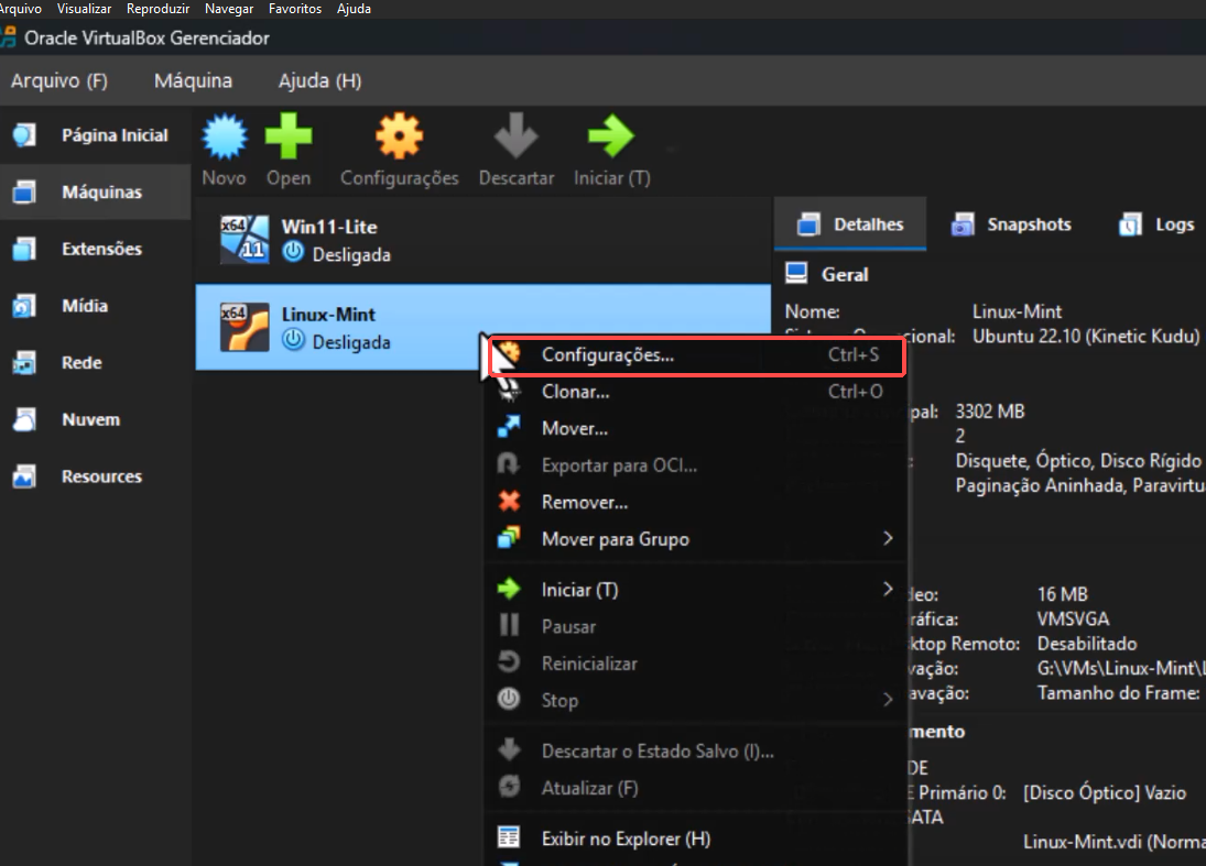 Menu de contexto da máquina Linux-Mint com a opção Configurações destacada