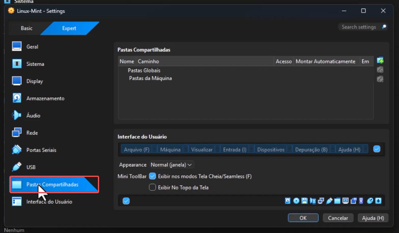 Janela de configurações da VM com Pastas Compartilhadas selecionada