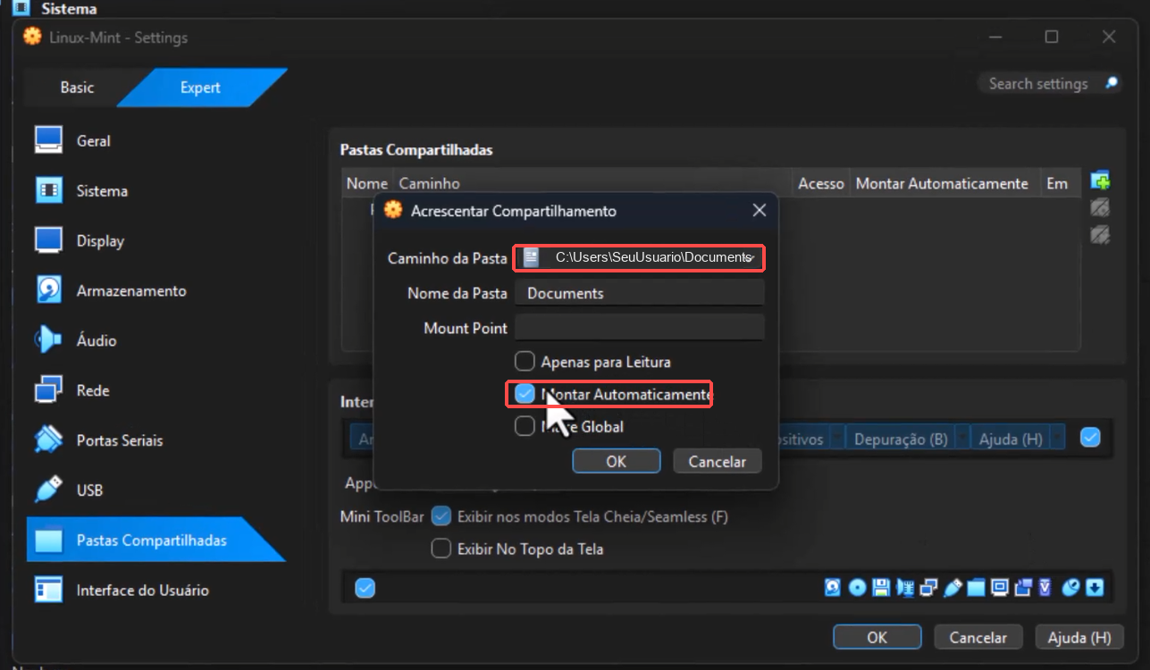 Configuração de compartilhamento com caminho e nome da pasta, montagem automática marcada e os dados pessoais substituídos por exemplos genéricos
