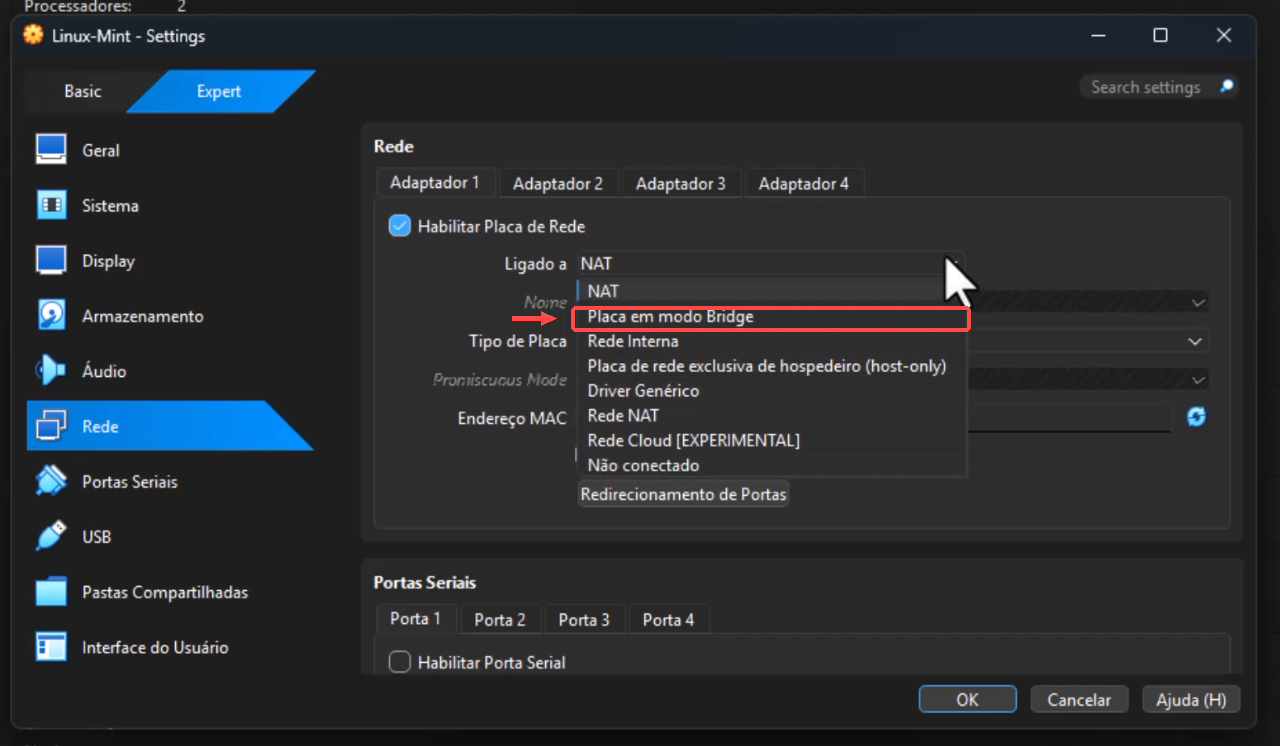 Lista Ligado a nas configurações de rede, com Placa em modo Bridge destacada