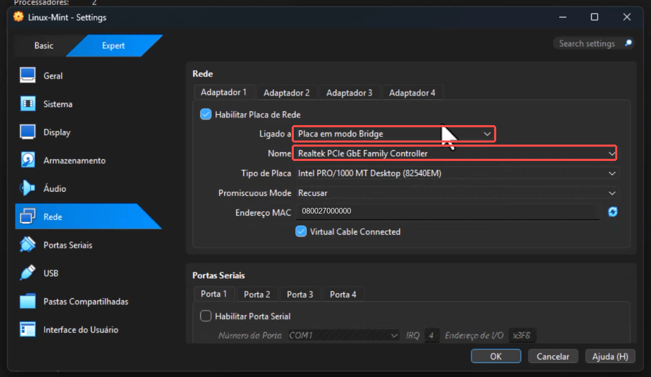 Configurações de rede em modo Bridge; campos do modo e da interface do anfitrião estão destacados, com MAC genérico