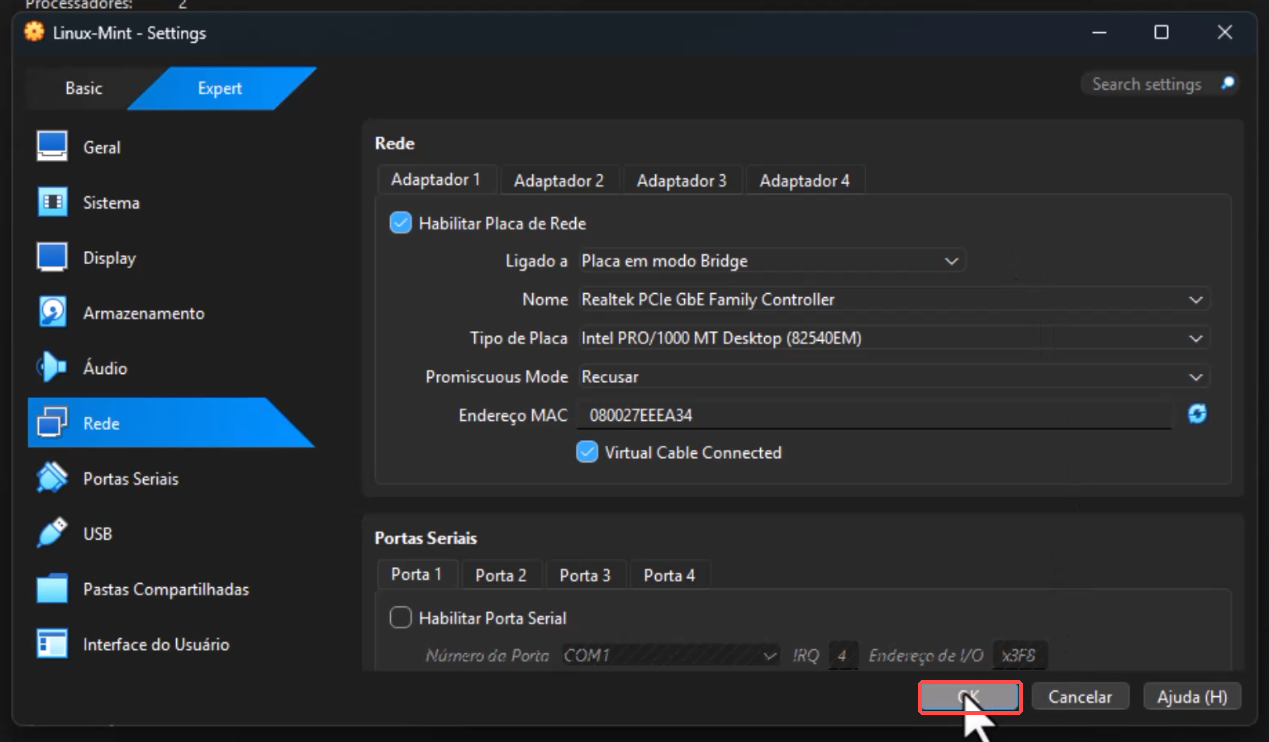 Janela de configurações de rede do VirtualBox com o botão OK destacado