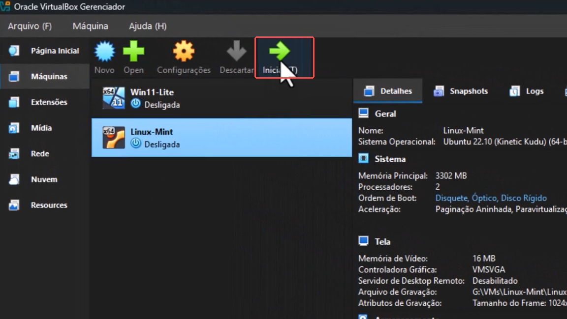 Gerenciador do VirtualBox com o botão Iniciar destacado para a VM Linux-Mint