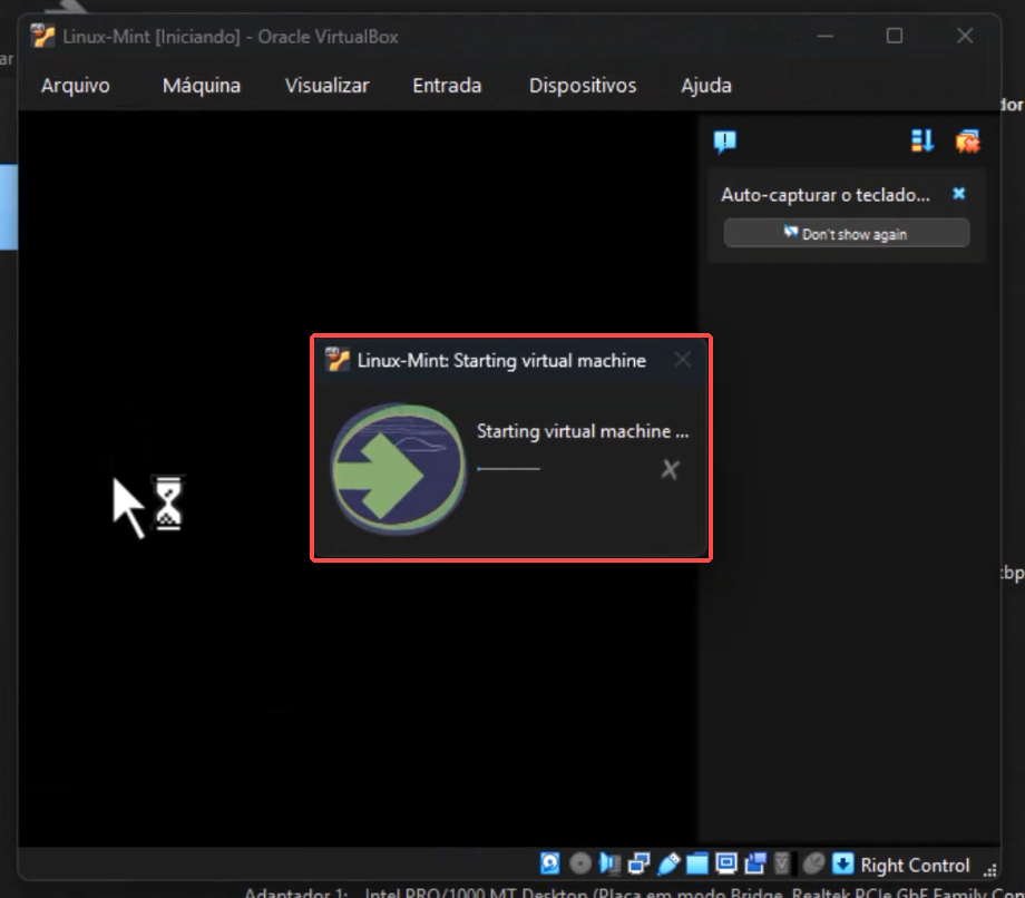 Janela do VirtualBox com o aviso Starting virtual machine enquanto a VM inicia