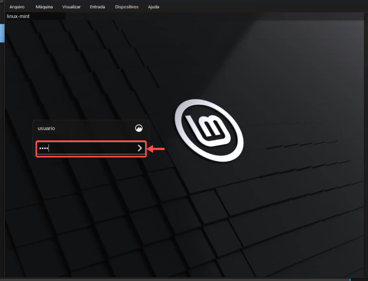 Tela de login do Linux Mint com o campo de senha e a seta destacando onde entrar; nomes pessoais substituídos por exemplos genéricos
