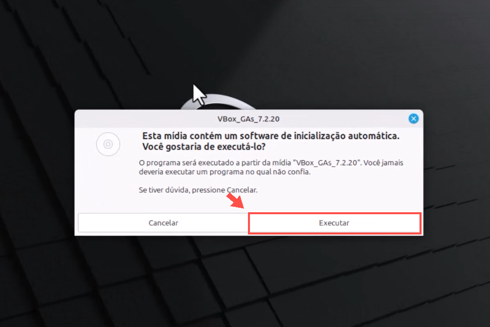 Aviso de execução automática da mídia VBox_GAs com o botão Executar destacado
