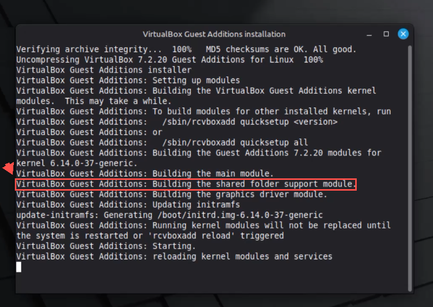 Terminal instalando os módulos das Guest Additions no Linux Mint