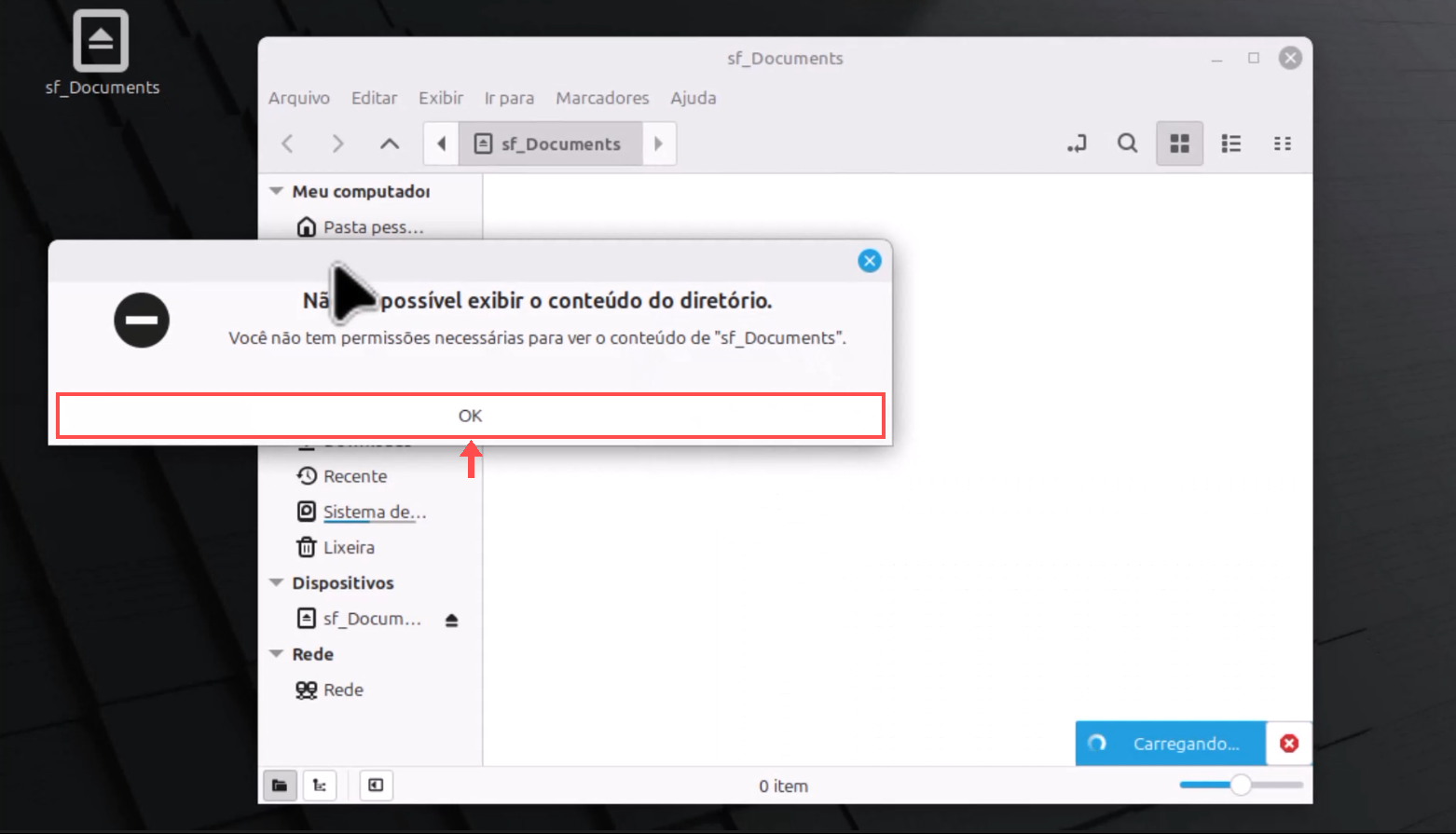 Aviso do Linux Mint informando falta de permissão, com seta indicando o botão OK