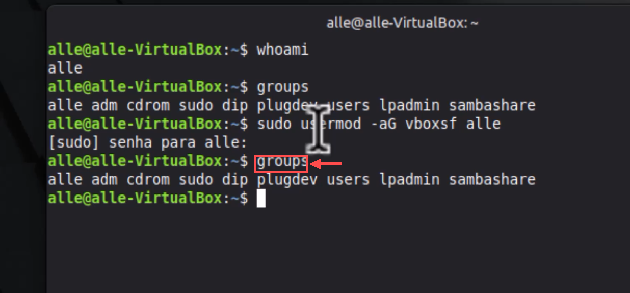 Terminal com a seta destacando a nova execução de groups, ainda sem vboxsf na sessão atual