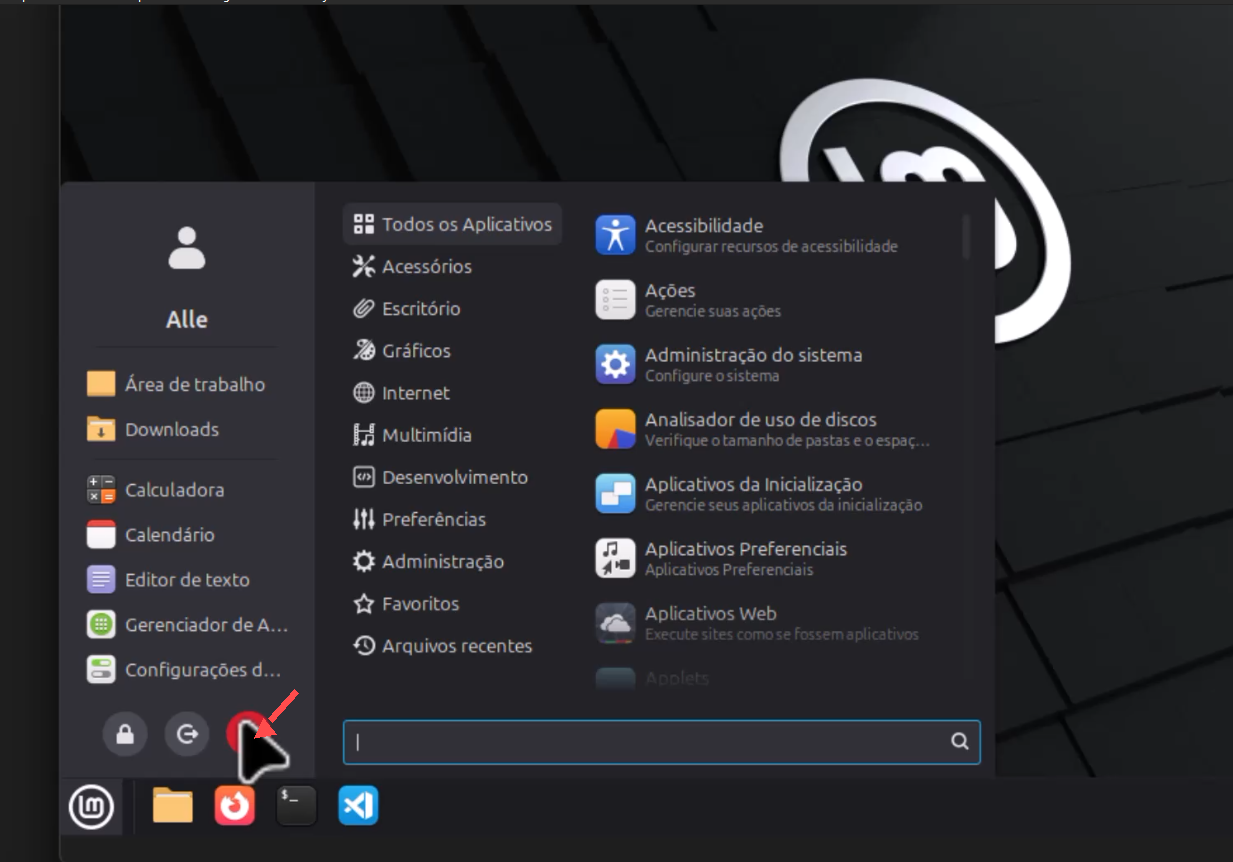 Menu do Linux Mint aberto com seta indicando o botão de sessão e energia