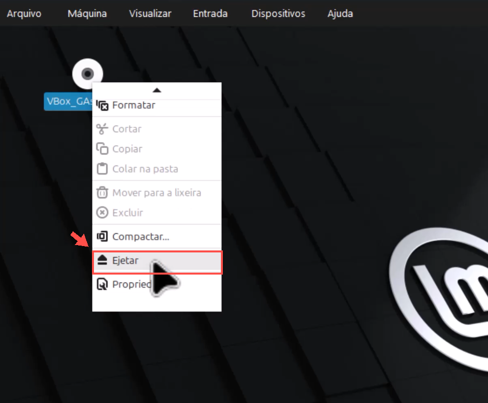 Menu de contexto da mídia VBox_GAs com a opção Ejetar indicada