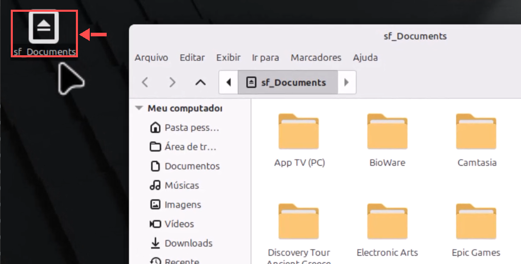 Área de trabalho do Mint com seta indicando a pasta sf_Documents aberta ao lado da janela com seu conteúdo