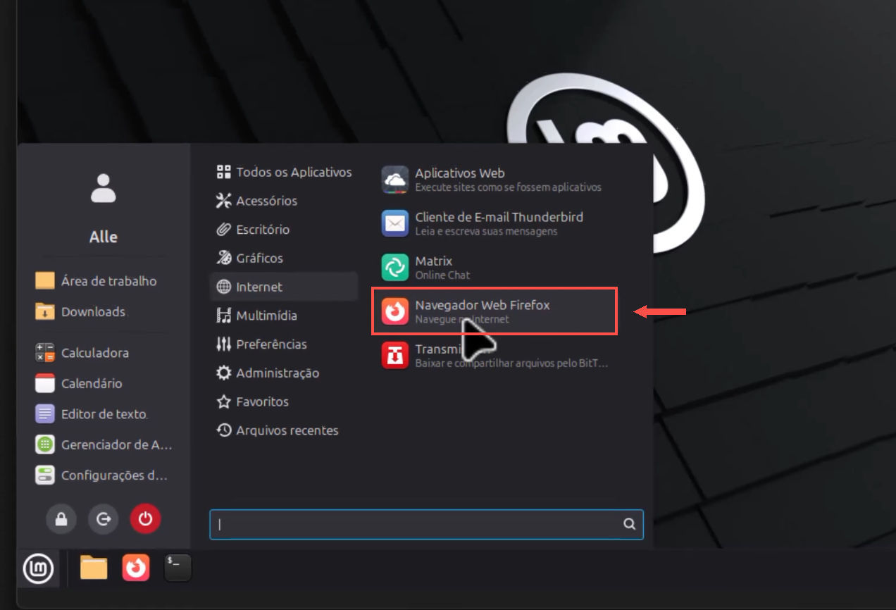 menu Internet do Linux Mint com o Firefox selecionado