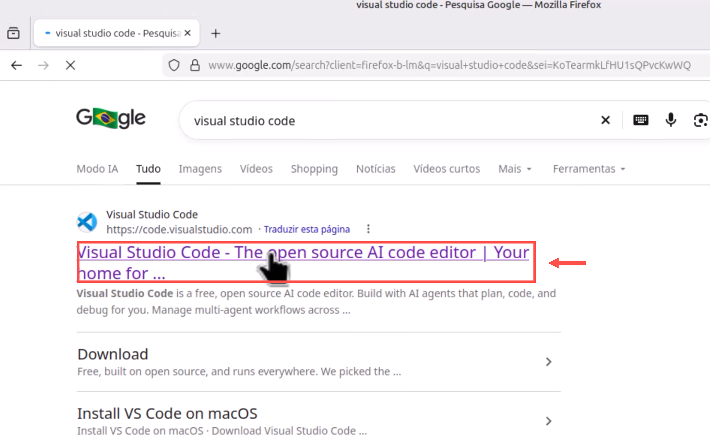 resultado de pesquisa com o site oficial do Visual Studio Code