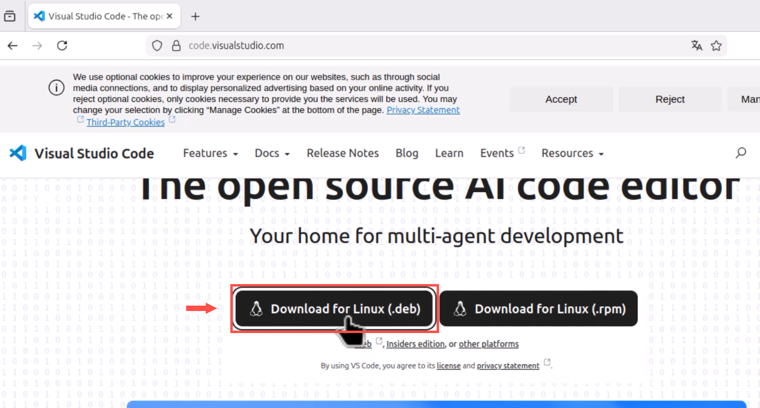 página oficial do VS Code com a opção de download Linux .deb destacada