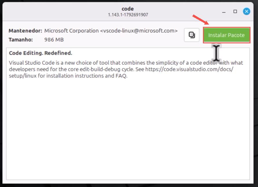 detalhes do pacote code com o botão Instalar Pacote
