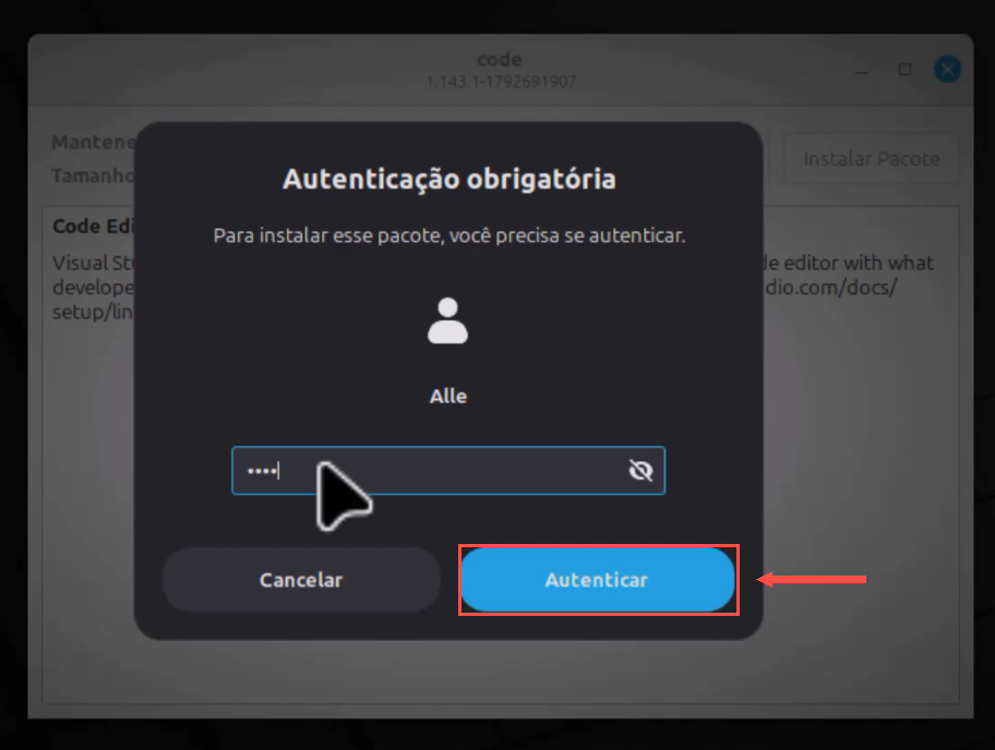 janela de autenticação do sistema para instalar o VS Code