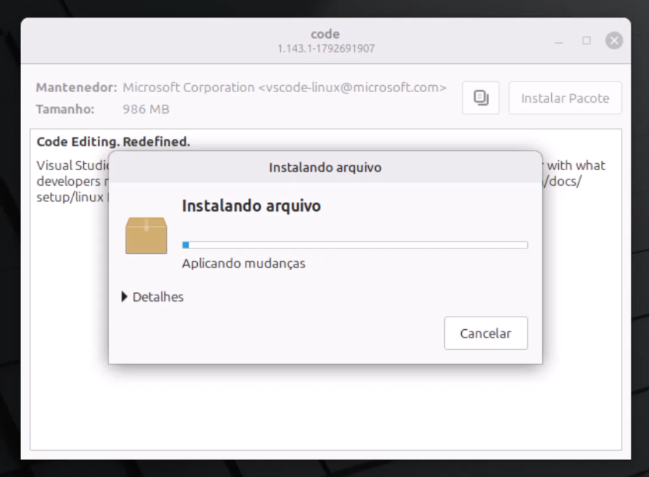 progresso de instalação do pacote code