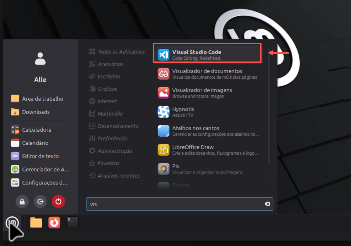 menu do Mint exibindo Visual Studio Code nos resultados da busca