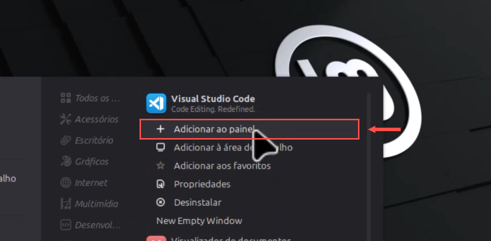menu de contexto do VS Code com Adicionar ao painel