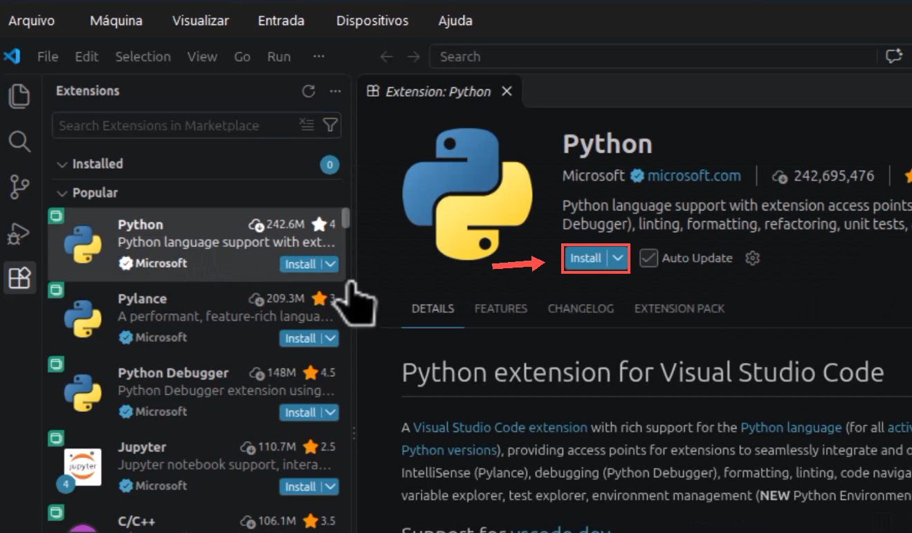 Marketplace de extensões do VS Code com Python da Microsoft selecionado