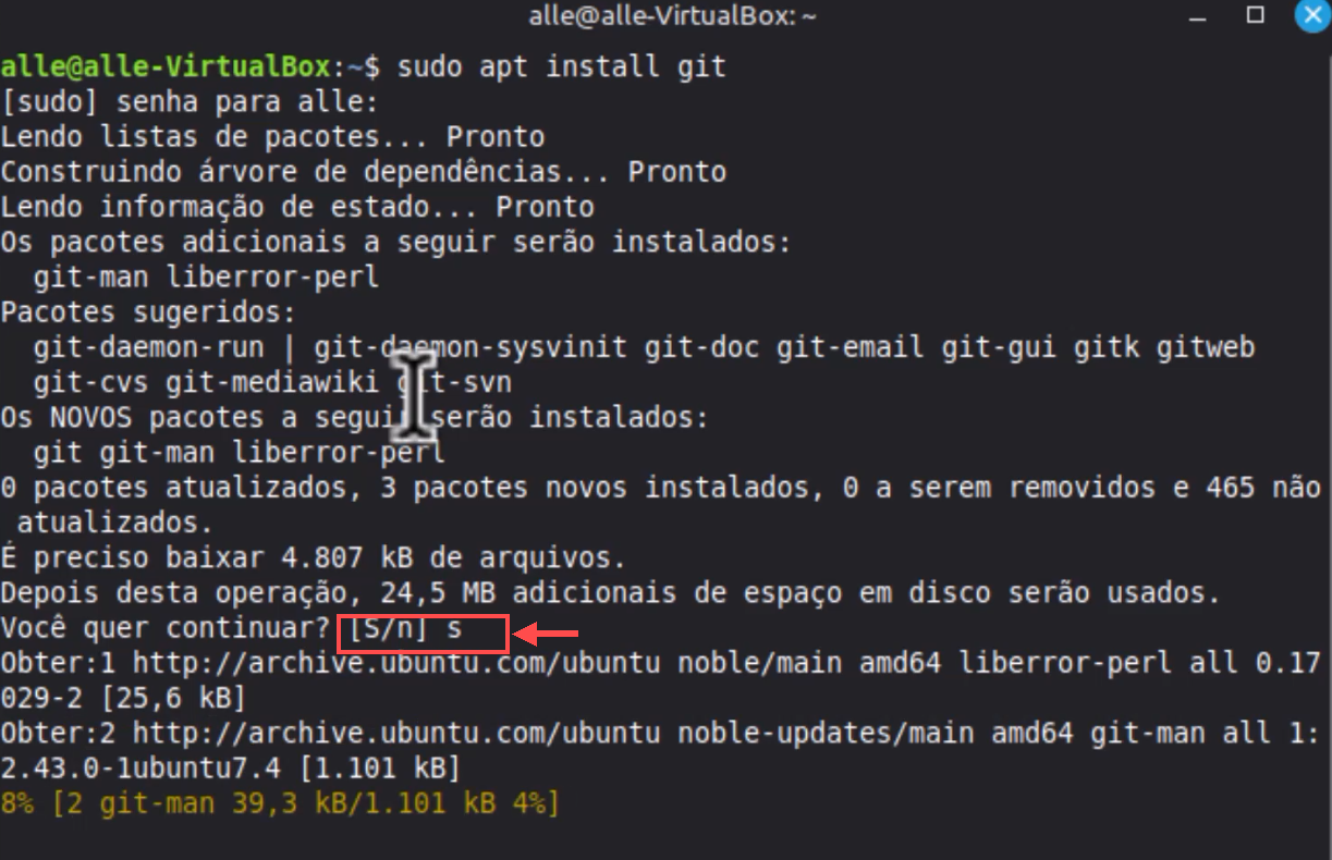 terminal instalando Git e dependências, com seta indicando a confirmação S