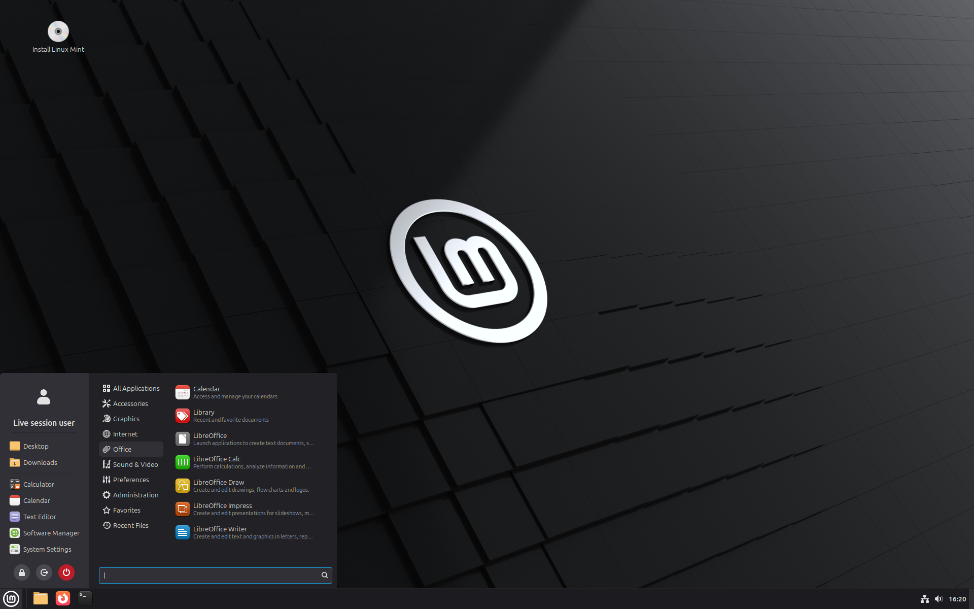 Área de trabalho da edição Cinnamon do Linux Mint, com menu aberto no canto inferior esquerdo