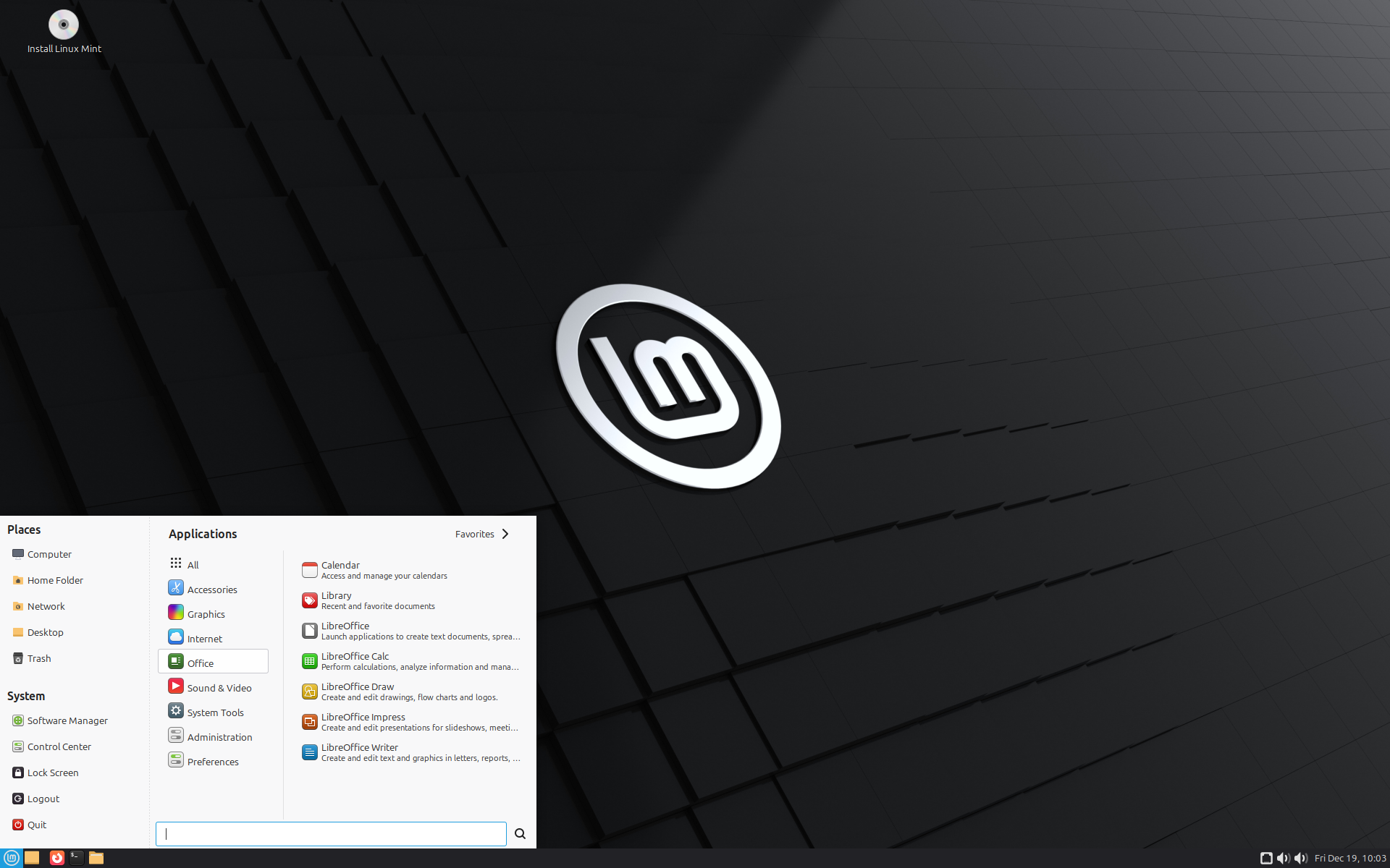 Área de trabalho da edição MATE do Linux Mint, com menu tradicional aberto no canto inferior esquerdo
